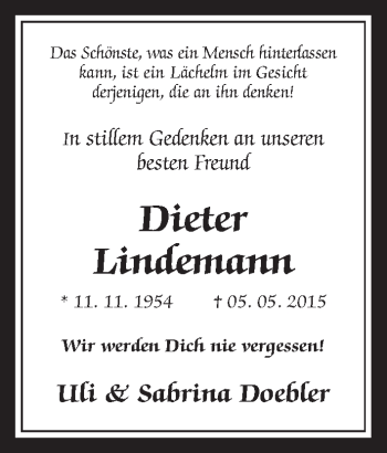 Traueranzeige von Dieter Lindemann von Gießener Allgemeine, Alsfelder Allgemeine, Wetterauer Zeitung, Wetterauer Zeitung