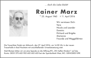 Traueranzeige von Rainer Marz von Wetterauer Zeitung, Wetterauer Zeitung