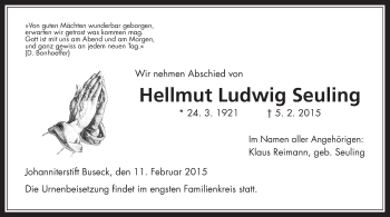 Traueranzeige von Hellmut Ludwig Seuling von Gießener Allgemeine, Alsfelder Allgemeine
