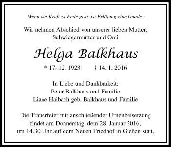 Traueranzeige von Helga Balkhaus von Gießener Allgemeine, Alsfelder Allgemeine