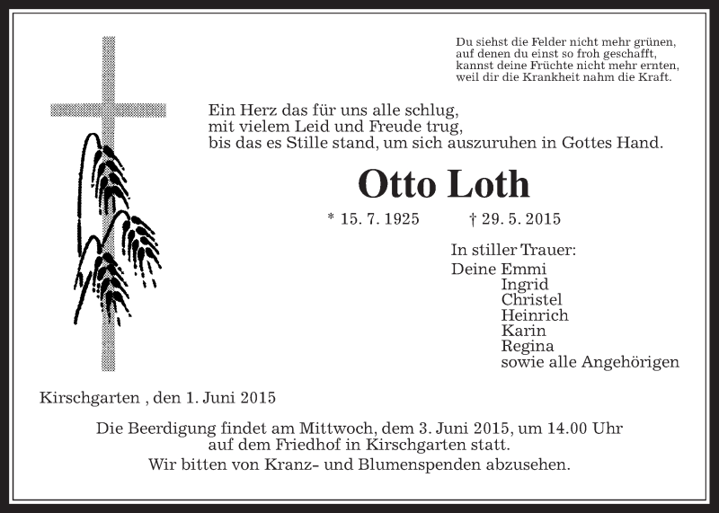  Traueranzeige für Otto Loth vom 01.06.2015 aus Gießener Allgemeine, Alsfelder Allgemeine