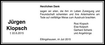 Traueranzeige von Jürgen Klopsch von Licher Wochenblatt, Licher Wochenblatt, Licher Wochenblatt