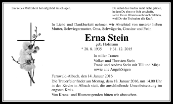 Traueranzeige von Erna Stein von Gießener Allgemeine, Alsfelder Allgemeine