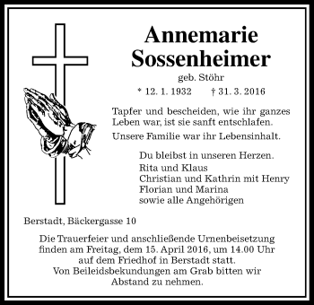 Traueranzeige von Annemarie Sossenheimer von Wetterauer Zeitung, Wetterauer Zeitung