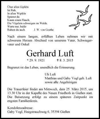 Traueranzeige von Gerhard Luft von Gießener Allgemeine, Alsfelder Allgemeine
