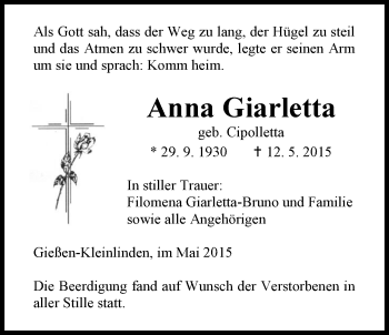 Traueranzeige von Anna Giarletta von Gießener Allgemeine, Alsfelder Allgemeine