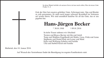Traueranzeige von Hans-Jürgen Becker von Gießener Allgemeine, Alsfelder Allgemeine