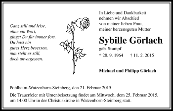 Traueranzeige von Sybille Görlach von Gießener Allgemeine, Alsfelder Allgemeine