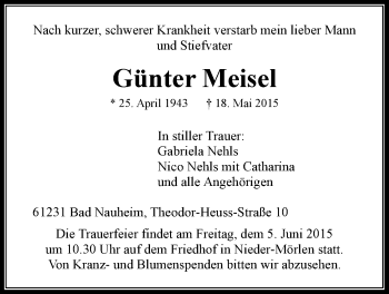 Traueranzeige von Günter Meisel von Wetterauer Zeitung, Wetterauer Zeitung