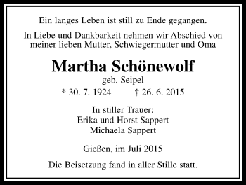 Traueranzeige von Martha Schönewolf von Gießener Allgemeine, Alsfelder Allgemeine