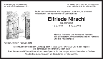 Traueranzeige von Elfriede Nirschl von Gießener Allgemeine, Alsfelder Allgemeine