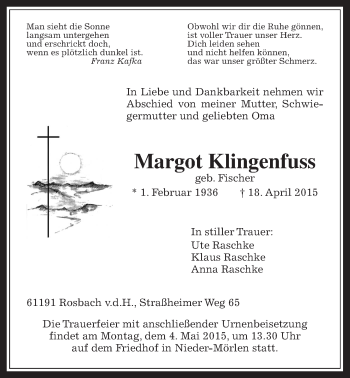 Traueranzeige von Margot Klingenfuss von Wetterauer Zeitung, Wetterauer Zeitung