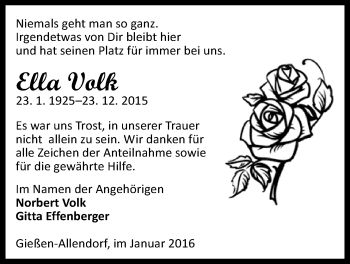 Traueranzeige von Ella Volk von Gießener Allgemeine, Alsfelder Allgemeine