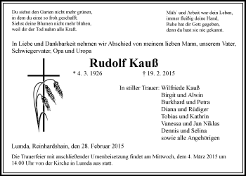 Traueranzeige von Rudolf Kauß von Gießener Allgemeine, Alsfelder Allgemeine