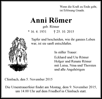 Traueranzeige von Anni Römer von Gießener Allgemeine, Alsfelder Allgemeine