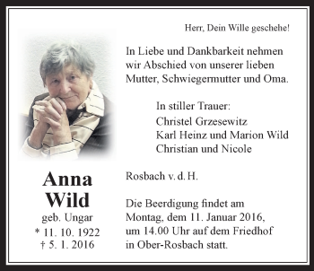 Traueranzeige von Anna Wild von Wetterauer Zeitung, Wetterauer Zeitung