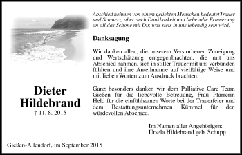 Traueranzeige von Dieter Hildebrand von Gießener Allgemeine, Alsfelder Allgemeine