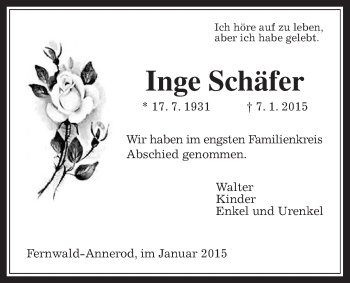 Traueranzeige von Inge Schäfer von Giessener Allgemeine, Alsfelder Allgemeine