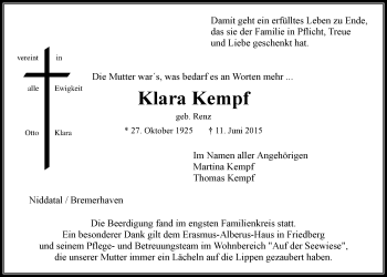 Traueranzeige von Klara Kempf von Wetterauer Zeitung, Wetterauer Zeitung