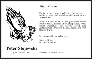 Traueranzeige von Peter Slojewski von Wetterauer Zeitung, Wetterauer Zeitung