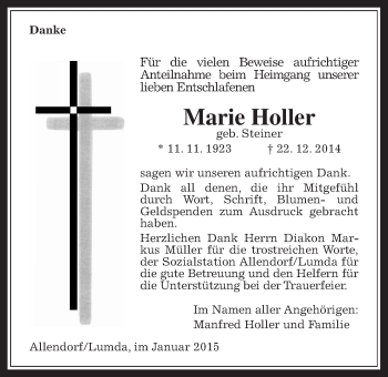 Traueranzeige von Marie Holler von Allendorfer Mitteilungen
