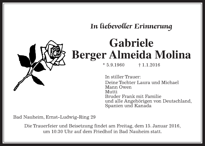  Traueranzeige für Gabriele Berger Almeida Molina vom 11.01.2016 aus Wetterauer Zeitung, Wetterauer Zeitung
