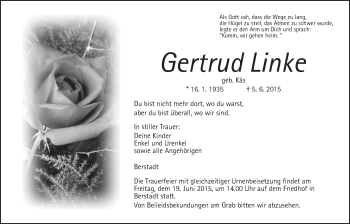 Traueranzeige von Gertrud Linke von Wetterauer Zeitung, Wetterauer Zeitung