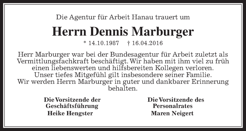  Traueranzeige für Dennis Marburger vom 29.04.2016 aus Wetterauer Zeitung, Wetterauer Zeitung