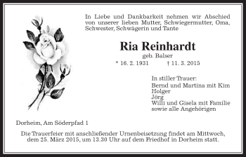 Traueranzeige von Ria Reinhardt von Wetterauer Zeitung, Wetterauer Zeitung