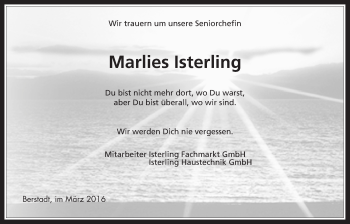 Traueranzeige von Marlies Isterling von Wetterauer Zeitung, Wetterauer Zeitung