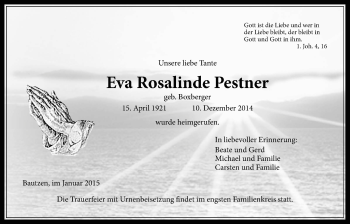 Traueranzeige von Eva Rosalinde Pestner von Wetterauer Zeitung, Wetterauer Zeitung