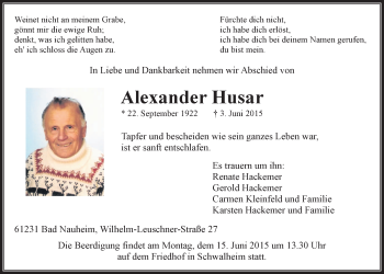 Traueranzeige von Alexander Husar von Wetterauer Zeitung, Wetterauer Zeitung