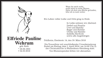 Traueranzeige von Elfriede Pauline Wehrum von Gießener Allgemeine, Alsfelder Allgemeine