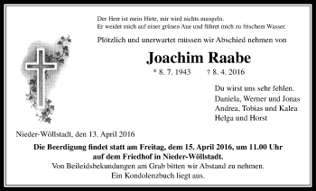 Traueranzeige von Joachim Raabe von Wetterauer Zeitung, Wetterauer Zeitung