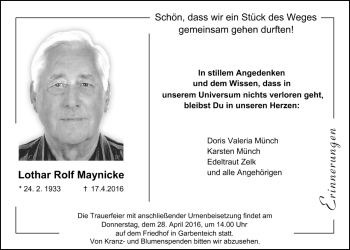 Traueranzeige von Lothar Rolf Maynicke von Gießener Allgemeine, Alsfelder Allgemeine