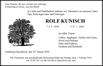 Traueranzeige von Rolf Kunisch von Gießener Allgemeine, Alsfelder Allgemeine