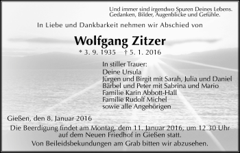 Traueranzeige von Wolfgang Zitzer von Gießener Allgemeine, Alsfelder Allgemeine