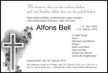 Traueranzeige von Alfons Bell von Wetterauer Zeitung, Wetterauer Zeitung