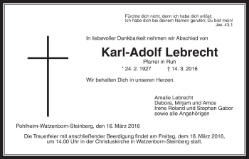 Traueranzeige von Karl-Adolf Lebrecht von Gießener Allgemeine, Alsfelder Allgemeine