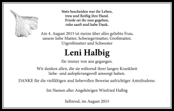 Traueranzeige von Leni Halbig von Mücker Stimme