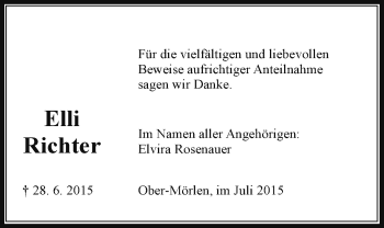 Traueranzeige von Elli Richter von Wetterauer Zeitung, Wetterauer Zeitung