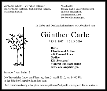 Traueranzeige von Günther Carle von Alsfelder Allgemeine