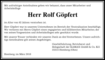 Traueranzeige von Rolf Göpfert von Alsfelder Allgemeine