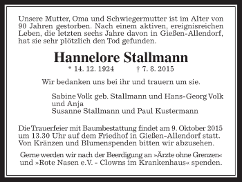 Traueranzeige von Hannelore Stallmann von Gießener Allgemeine, Alsfelder Allgemeine