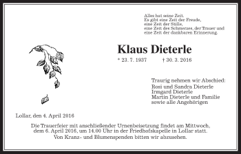 Traueranzeige von Klaus Dieterle von Gießener Allgemeine, Alsfelder Allgemeine