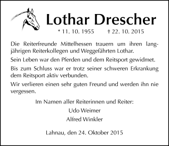 Traueranzeige von Lothar Drescher von Gießener Allgemeine, Alsfelder Allgemeine