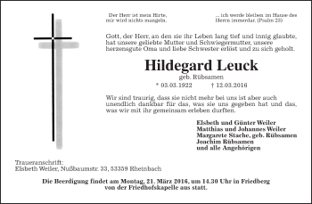 Traueranzeige von Hildegard Leuck von Wetterauer Zeitung, Wetterauer Zeitung
