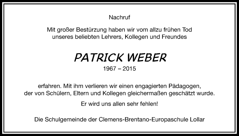  Traueranzeige für Patrick Weber vom 16.01.2016 aus Gießener Allgemeine, Alsfelder Allgemeine