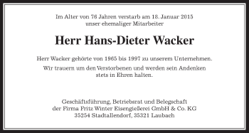 Traueranzeige von Hans-Dieter Wacker von Giessener Allgemeine, Alsfelder Allgemeine