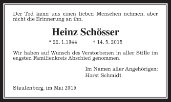 Traueranzeige von Heinz Schösser von Gießener Allgemeine, Alsfelder Allgemeine